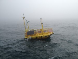 The Ocean Sentinel, a wave-energy testing platform, at sea off the coast of Newport, Oregon. Photo credit: David Ferris