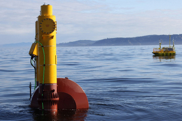 This buoy is designed to harvest energy from the movement of ocean waves. It's one of two designs that will be tested off the coast of Oregon this year.